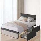 Lit plateforme moderne et simple avec tête et pied de lit rembourrés en lin, sommier à lattes en acier robuste, base de matelas