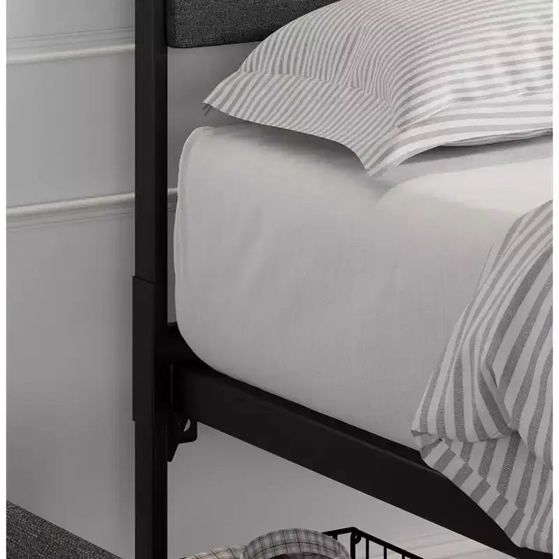 Lit plateforme moderne et simple avec tête et pied de lit rembourrés en lin, sommier à lattes en acier robuste pour matelas