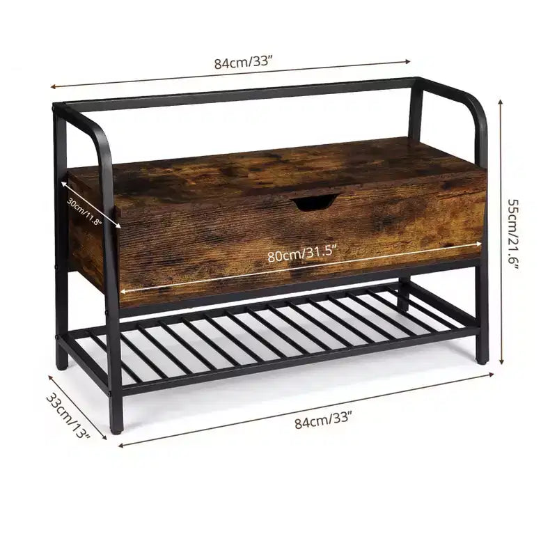 Banc à chaussures, Banc de rangement à chaussures avec couvercle relevable, Banc d'entrée, Organisateur de rangement à chaussures en métal et bois pour l'entrée, la chambre, le placard, le salon