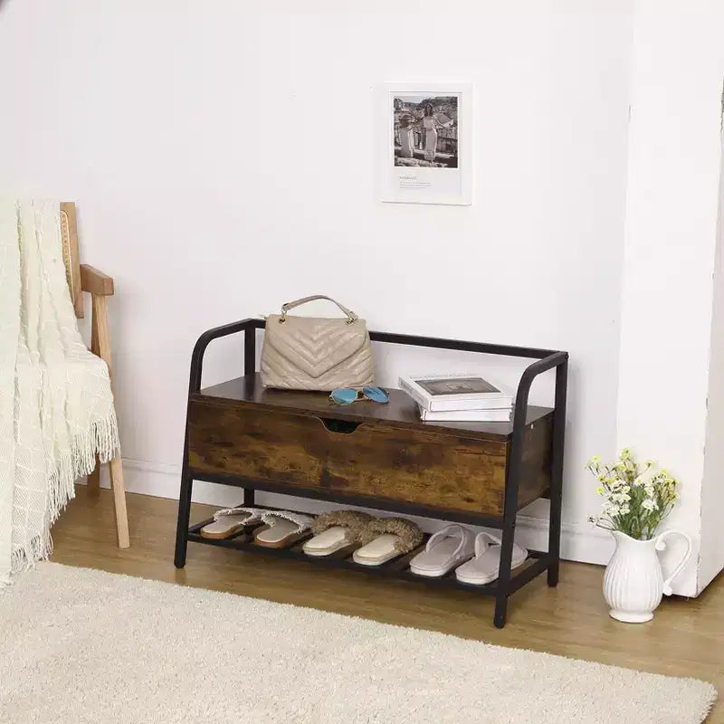 Banc à chaussures, Banc de rangement à chaussures avec couvercle relevable, Banc d'entrée, Organisateur de rangement à chaussures en métal et bois pour l'entrée, la chambre, le placard, le salon