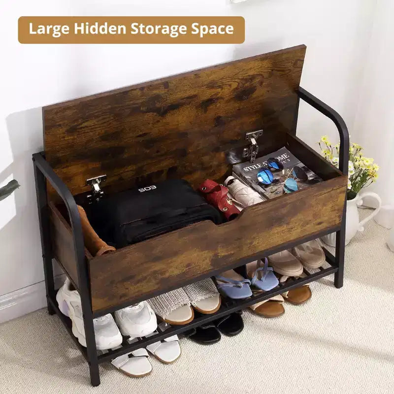 Banc à chaussures, Banc de rangement à chaussures avec couvercle relevable, Banc d'entrée, Organisateur de rangement à chaussures en métal et bois pour l'entrée, la chambre, le placard, le salon