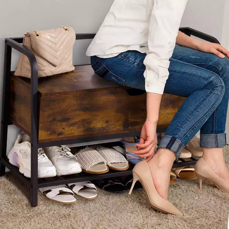 Banc à chaussures, Banc de rangement à chaussures avec couvercle relevable, Banc d'entrée, Organisateur de rangement à chaussures en métal et bois pour l'entrée, la chambre, le placard, le salon