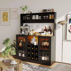 Meuble de bar à café avec prise de courant, étagères réglables, crochets, buffet de rangement pour cuisine et salle à manger, noir