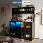 Meuble de bar à café avec prise de courant, étagères réglables, crochets, buffet de rangement pour cuisine et salle à manger, noir