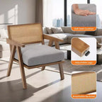 Fauteuil d'appoint de ferme du milieu du siècle - Fauteuil en bois avec dossier en rotin et coussin en lin pour salon, chambre à coucher - Beige, montage facile