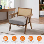 Fauteuil d'appoint de ferme du milieu du siècle - Fauteuil en bois avec dossier en rotin et coussin en lin pour salon, chambre à coucher - Beige, montage facile