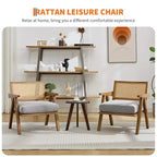 Fauteuil d'appoint de ferme du milieu du siècle - Fauteuil en bois avec dossier en rotin et coussin en lin pour salon, chambre à coucher - Beige, montage facile