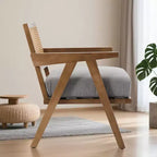 Fauteuil d'appoint de ferme du milieu du siècle - Fauteuil en bois avec dossier en rotin et coussin en lin pour salon, chambre à coucher - Beige, montage facile