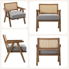 Fauteuil d'appoint de ferme du milieu du siècle - Fauteuil en bois avec dossier en rotin et coussin en lin pour salon, chambre à coucher - Beige, montage facile