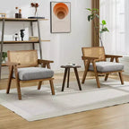 Fauteuil d'appoint de ferme du milieu du siècle - Fauteuil en bois avec dossier en rotin et coussin en lin pour salon, chambre à coucher - Beige, montage facile