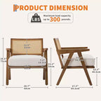 Fauteuil d'appoint de ferme du milieu du siècle - Fauteuil en bois avec dossier en rotin et coussin en lin pour salon, chambre à coucher - Beige, montage facile
