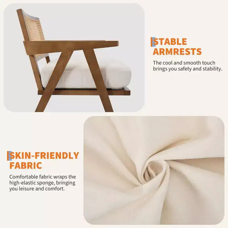 Fauteuil d'appoint de ferme du milieu du siècle - Fauteuil en bois avec dossier en rotin et coussin en lin pour salon, chambre à coucher - Beige, facile à assembler