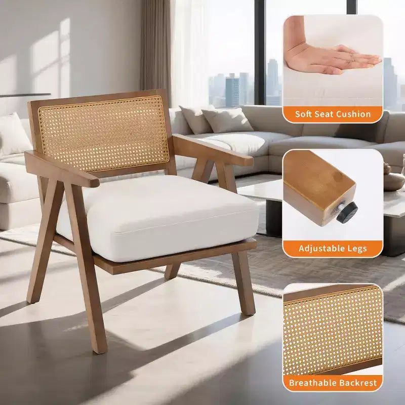 Fauteuil d'appoint de ferme du milieu du siècle - Fauteuil en bois avec dossier en rotin et coussin en lin pour salon, chambre à coucher - Beige, facile à assembler