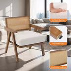 Fauteuil d'appoint de ferme du milieu du siècle - Fauteuil en bois avec dossier en rotin et coussin en lin pour salon, chambre à coucher - Beige, montage facile