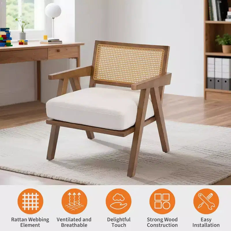 Fauteuil d'appoint de ferme du milieu du siècle - Fauteuil en bois avec dossier en rotin et coussin en lin pour salon, chambre à coucher - Beige, facile à assembler