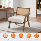 Fauteuil d'appoint de ferme du milieu du siècle - Fauteuil en bois avec dossier en rotin et coussin en lin pour salon, chambre à coucher - Beige, montage facile