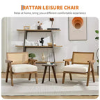 Fauteuil d'appoint de ferme du milieu du siècle - Fauteuil en bois avec dossier en rotin et coussin en lin pour salon, chambre à coucher - Beige, montage facile