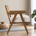 Fauteuil d'appoint de ferme du milieu du siècle - Fauteuil en bois avec dossier en rotin et coussin en lin pour salon, chambre à coucher - Beige, montage facile