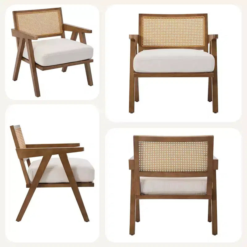 Fauteuil d'appoint de ferme du milieu du siècle - Fauteuil en bois avec dossier en rotin et coussin en lin pour salon, chambre à coucher - Beige, facile à assembler
