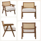 Fauteuil d'appoint de ferme du milieu du siècle - Fauteuil en bois avec dossier en rotin et coussin en lin pour salon, chambre à coucher - Beige, montage facile