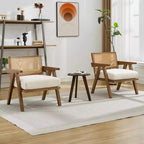 Fauteuil d'appoint de ferme du milieu du siècle - Fauteuil en bois avec dossier en rotin et coussin en lin pour salon, chambre à coucher - Beige, montage facile