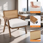 Fauteuil d'appoint de ferme du milieu du siècle - Fauteuil en bois avec dossier en rotin et coussin en lin pour salon, chambre à coucher - Beige, montage facile