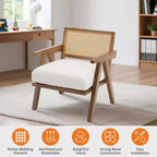 Fauteuil d'appoint de ferme du milieu du siècle - Fauteuil en bois avec dossier en rotin et coussin en lin pour salon, chambre à coucher - Beige, montage facile