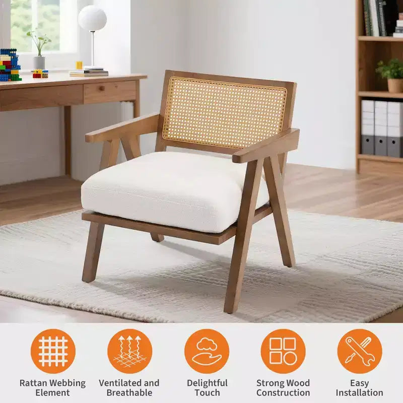 Fauteuil d'appoint de ferme du milieu du siècle - Fauteuil en bois avec dossier en rotin et coussin en lin pour salon, chambre à coucher - Beige, facile à assembler