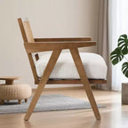 Fauteuil d'appoint de ferme du milieu du siècle - Fauteuil en bois avec dossier en rotin et coussin en lin pour salon, chambre à coucher - Beige, montage facile