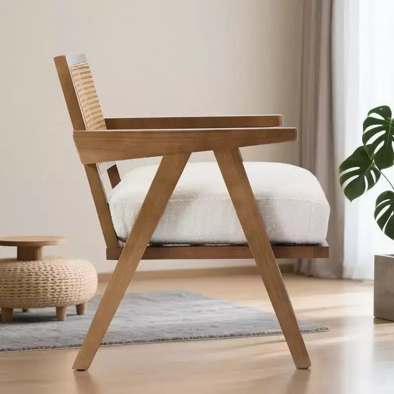 Fauteuil d'appoint de ferme du milieu du siècle - Fauteuil en bois avec dossier en rotin et coussin en lin pour salon, chambre à coucher - Beige, facile à assembler