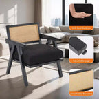Fauteuil d'appoint de ferme du milieu du siècle - Fauteuil en bois avec dossier en rotin et coussin en lin pour salon, chambre à coucher - Beige, montage facile