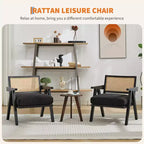 Fauteuil d'appoint de ferme du milieu du siècle - Fauteuil en bois avec dossier en rotin et coussin en lin pour salon, chambre à coucher - Beige, montage facile