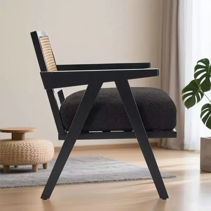 Fauteuil d'appoint de ferme du milieu du siècle - Fauteuil en bois avec dossier en rotin et coussin en lin pour salon, chambre à coucher - Beige, facile à assembler