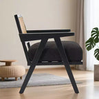 Fauteuil d'appoint de ferme du milieu du siècle - Fauteuil en bois avec dossier en rotin et coussin en lin pour salon, chambre à coucher - Beige, montage facile