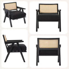 Fauteuil d'appoint de ferme du milieu du siècle - Fauteuil en bois avec dossier en rotin et coussin en lin pour salon, chambre à coucher - Beige, montage facile