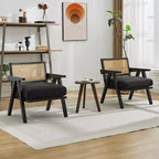 Fauteuil d'appoint de ferme du milieu du siècle - Fauteuil en bois avec dossier en rotin et coussin en lin pour salon, chambre à coucher - Beige, montage facile