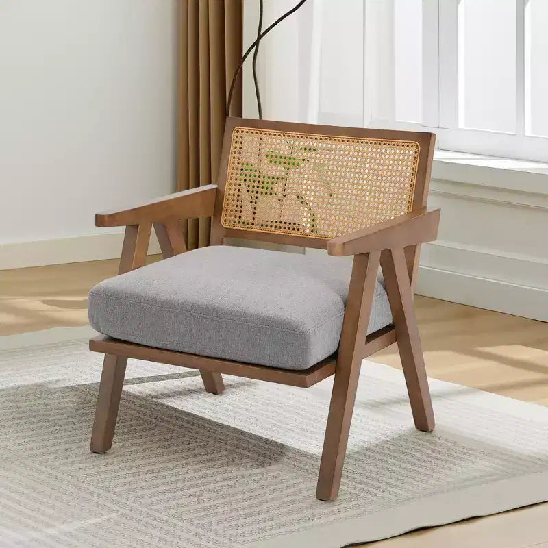 Fauteuil d'appoint de ferme du milieu du siècle - Fauteuil en bois avec dossier en rotin et coussin en lin pour salon, chambre à coucher - Beige, facile à assembler