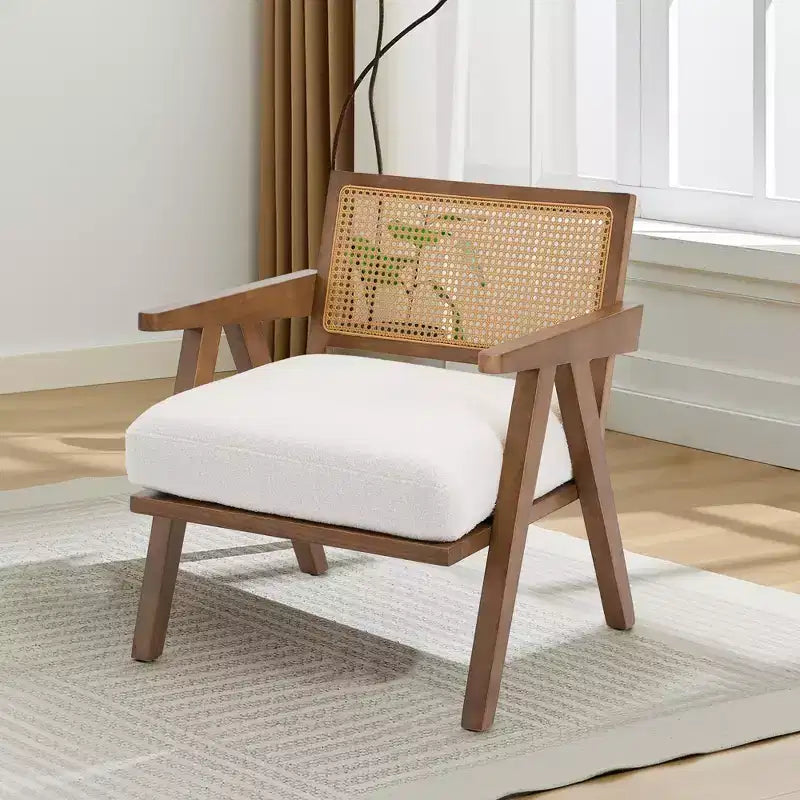Fauteuil d'appoint de ferme du milieu du siècle - Fauteuil en bois avec dossier en rotin et coussin en lin pour salon, chambre à coucher - Beige, facile à assembler