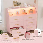 Commode, commode éclairée à 6 tiroirs avec station de charge et étagère de rangement, commode en bois, meuble de rangement moderne pour chambre à coucher, salon