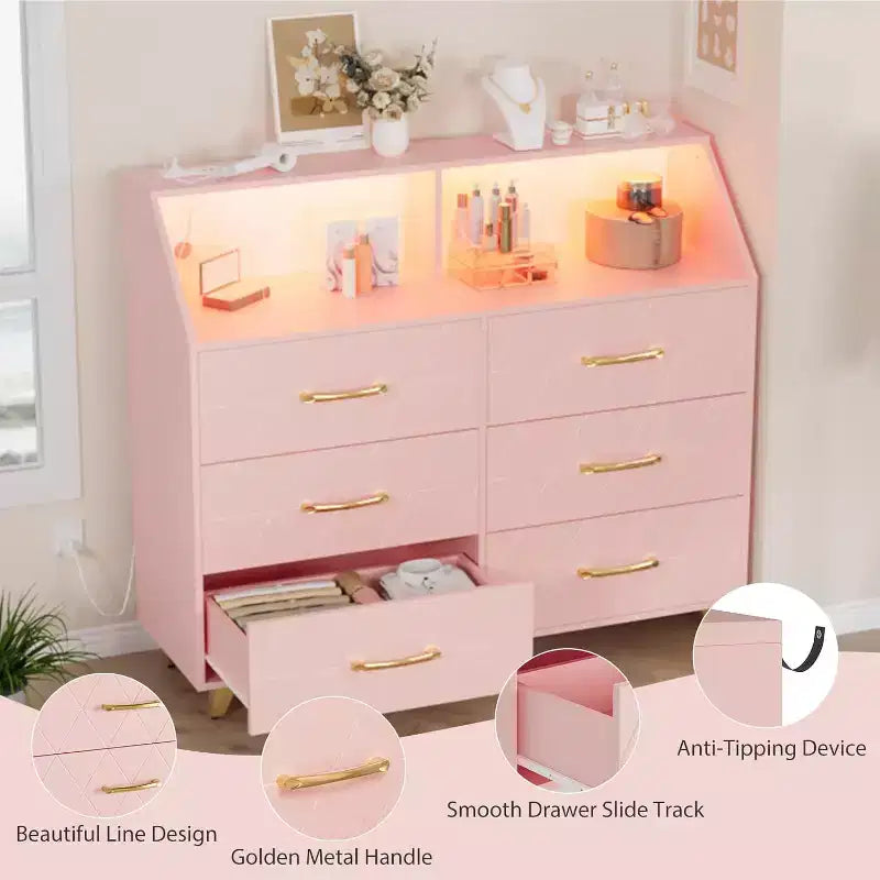Commode, Commode lumineuse à 6 tiroirs avec station de charge et étagère de rangement, Commode en bois, Meuble de rangement moderne pour chambre, salon
