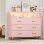 Commode, commode éclairée à 6 tiroirs avec station de charge et étagère de rangement, commode en bois, meuble de rangement moderne pour chambre à coucher, salon