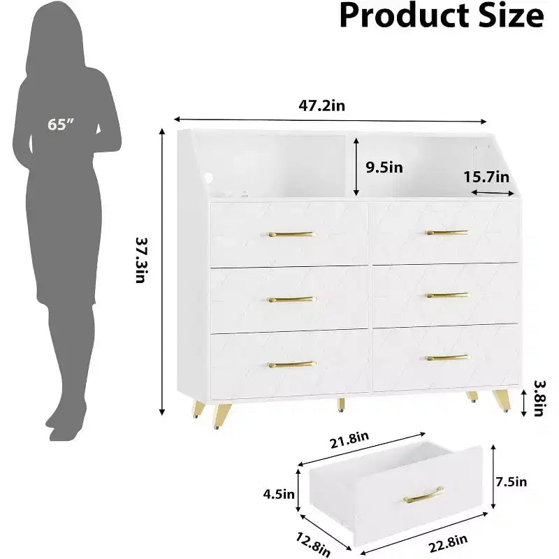 Commode, Commode lumineuse à 6 tiroirs avec station de charge et étagère de rangement, Commode en bois, Meuble de rangement moderne pour chambre, salon