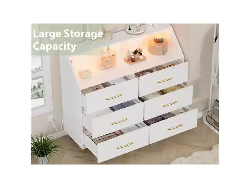 Commode, Commode lumineuse à 6 tiroirs avec station de charge et étagère de rangement, Commode en bois, Meuble de rangement moderne pour chambre, salon