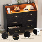 Commode, commode éclairée à 6 tiroirs avec station de charge et étagère de rangement, commode en bois, meuble de rangement moderne pour chambre à coucher, salon