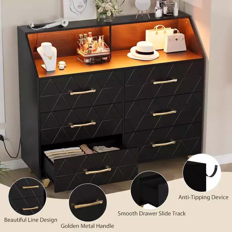 Commode, Commode lumineuse à 6 tiroirs avec station de charge et étagère de rangement, Commode en bois, Meuble de rangement moderne pour chambre, salon