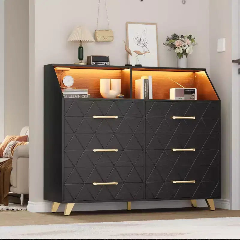 Commode, Commode lumineuse à 6 tiroirs avec station de charge et étagère de rangement, Commode en bois, Meuble de rangement moderne pour chambre, salon