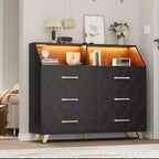 Commode, commode éclairée à 6 tiroirs avec station de charge et étagère de rangement, commode en bois, meuble de rangement moderne pour chambre à coucher, salon