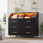 Chest of Drawers, Lighted 6 Drawer Dresser w/Charging Station & Storage Shelf, Wooden Dresser, Modern Drawer Cabinet for Bedroom, Living Room