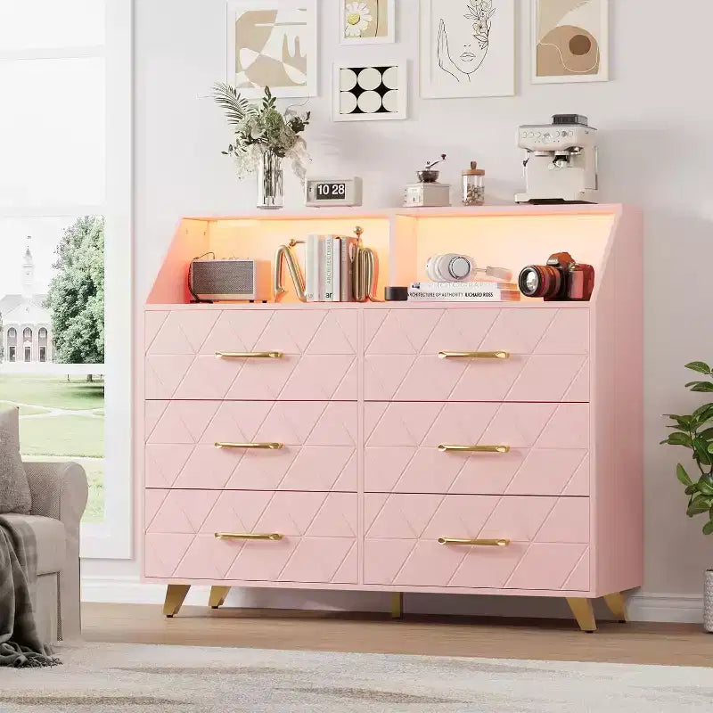 Commode, Commode lumineuse à 6 tiroirs avec station de charge et étagère de rangement, Commode en bois, Meuble de rangement moderne pour chambre, salon