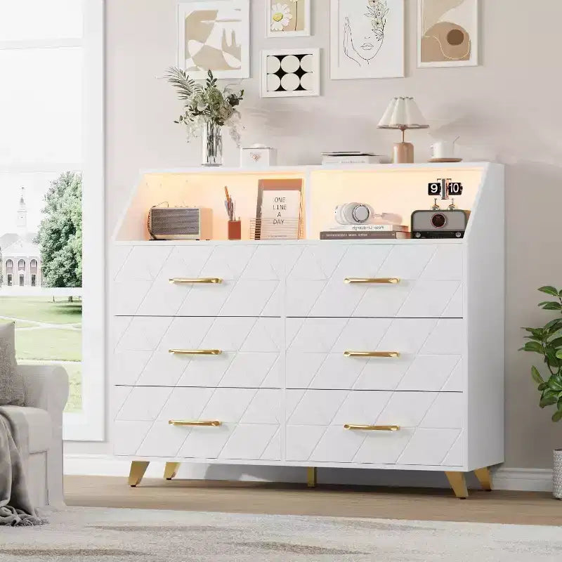 Commode, Commode lumineuse à 6 tiroirs avec station de charge et étagère de rangement, Commode en bois, Meuble de rangement moderne pour chambre, salon